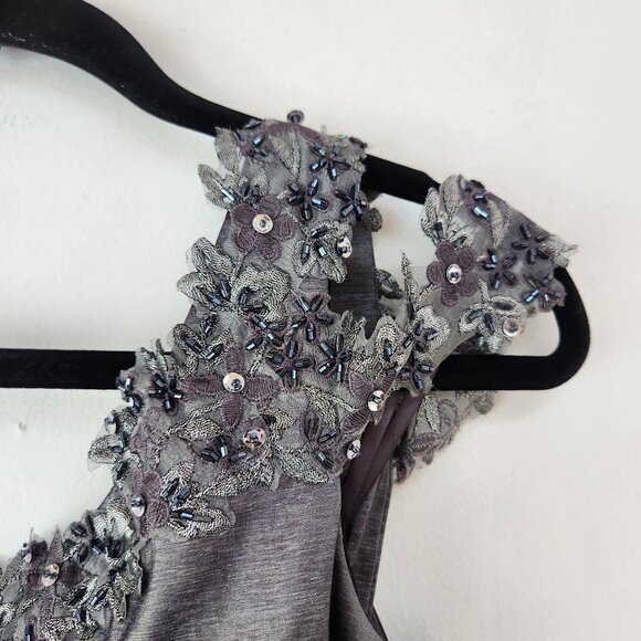 Cache Silver Prom Dress One-Shoulder Beaded Ruched Trumpet Full Length 90s Y2K 4 - Picture 5 of 8